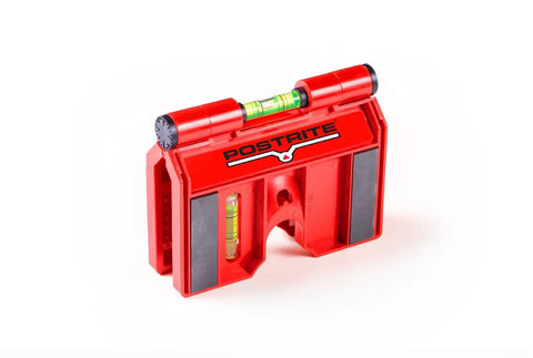 Effortlessly align posts and pipes with the 340 Postrite adjustable folding post level, showing red magnetic body and three vials