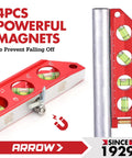 Compact 6.3 inch magnetic torpedo level with top view windows, aluminum frame, dual scales, magnets holding it on a metal pipe.