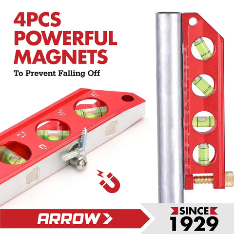 Compact 6.3 inch magnetic torpedo level with top view windows, aluminum frame, dual scales, magnets holding it on a metal pipe.