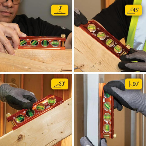 Compact 6-Inch magnetic torpedo level with a V-groove for conduit work in use at 0, 30, 45, 90 degree vial markers