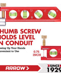 Compact 6.3 inch magnetic torpedo level with top view windows, aluminum frame, featuring thumb screw conduit holder and dual scales.