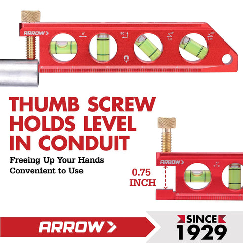 Compact 6.3 inch magnetic torpedo level with top view windows, aluminum frame, featuring thumb screw conduit holder and dual scales.