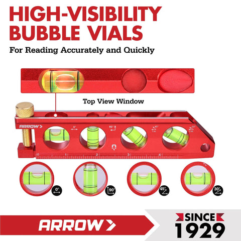 Compact 6.3 inch magnetic torpedo level with high-visibility bubble vials, top view windows, aluminum frame, dual scales.