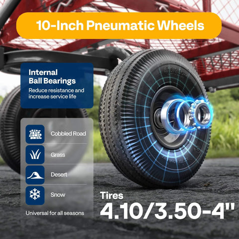 10-Inch Pneumatic Wheels with Internal Ball Bearings for Heavy Duty Mesh Steel Garden Cart Folding Utility Wagon with 880 Lb Capacity, Red.