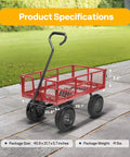 Heavy Duty Mesh Steel Garden Cart Folding Utility Wagon with 880 Lb Capacity, Removable Sides Flatbed Design, 10 Inch Pneumatic Wheels 4.10/3.50-4, 180 Degree Handle for Yard, Lawn, Farm, and Outdoor Hauling, Red specifications on a patio.