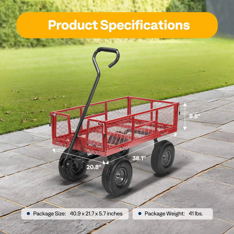 Heavy Duty Mesh Steel Garden Cart Folding Utility Wagon with 880 Lb Capacity, Removable Sides Flatbed Design, 10 Inch Pneumatic Wheels 4.10/3.50-4, 180 Degree Handle for Yard, Lawn, Farm, and Outdoor Hauling, Red specifications on a patio.