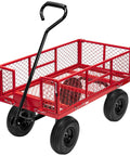 Heavy Duty Mesh Steel Garden Cart Folding Utility Wagon with 880 Lb Capacity, Red, side view showing removable sides and 10 inch wheels.