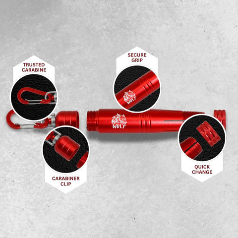 Durable metal lumber crayon holder with an ambidextrous contoured grip, red color with carabiner clip, designed to fit 1/2 inch crayons.