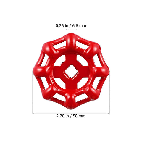 Red cast iron round wheel handle with square broach for outdoor faucet, shown with dimensions. Ideal for hose bibb valves replacement.