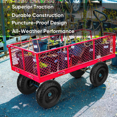 10 Inch Solid Tires 2 Pack Flat Free 4.10/3.50-4 Wheels with 5/8 Inch Axle Bore on a cart transporting plants.