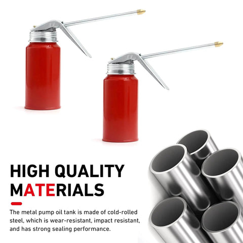 Two Pack Metal Hand Pump Oil Can for Cars and Motorcycles, 200 ml universal motor oil dispenser, ergonomic handle, red finish