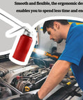 Mechanic using Metal Car Oil Can Pump Oiler With Precision Nozzle Manual Refueling Dispenser for motor oil on engine