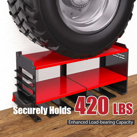 Power Tool Organizer Wall Mount With Four Outlet Power Strip showcasing heavy-duty metal rack holding 420 lbs tire, enhanced load-bearing