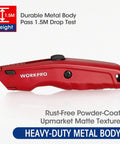Side view of Premium Retractable All Metal Utility Knife With Quick Change Blade System, aluminum body, and drop test label.