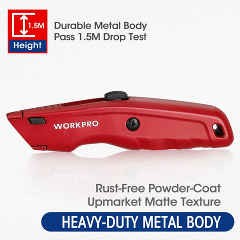 Side view of Premium Retractable All Metal Utility Knife With Quick Change Blade System, aluminum body, and drop test label.