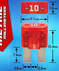 10A micro2 fuse from 50 Piece All In One Grab-and-Go Automotive Fuse Kit With Micro 2 Blade Fuses And Fuse Puller, Glove Box Set. Measurements shown.