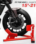 Heavy Duty Motorcycle Wheel Chock And Adjustable Front Wheel Stand For 15 To 22 Inch Wheels Ideal For Trailers Shops And Garages Supports Up To 4000 Lbs Red Finish Built Tough By DNA Motoring