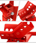 Close-up view of Heavy Duty Motorcycle Wheel Chock And Adjustable Front Wheel Stand For 15 To 22 Inch Wheels Ideal For Trailers Shops And Garages Supports Up To 4000 Lbs Red Finish Built Tough By DNA Motoring showing red metal structure and bolt details.
