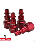 Close-up of four red steel female plugs from ColorFit M-Style Coupler And Plug Kit Red 1/4 Inch NPT, 14-Piece Set.