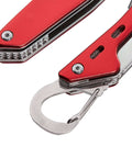 Close-up of a red aluminum 10-In-1 Stainless Steel Multitool With Safety Lock, featuring carabiner and multiple tools visible.