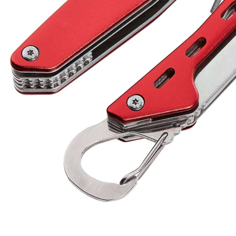 Close-up of a red aluminum 10-In-1 Stainless Steel Multitool With Safety Lock, featuring carabiner and multiple tools visible.