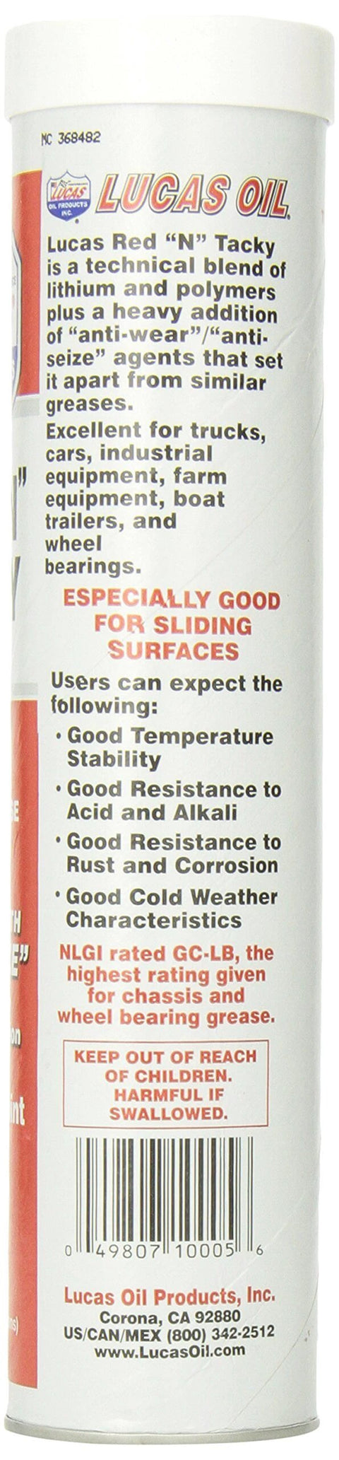 Side view of Lucas Oil 10005 Red 'N' Tacky Grease - 14 Ounce showing usage instructions on the label