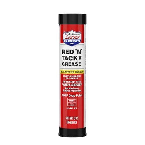 Front view of Lucas Oil 10318 Red N Tacky Grease 3 Ounce Combo Pack tube, featuring product details and branding.