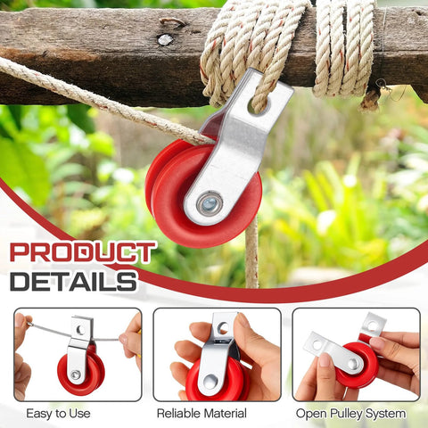 Red Fiberglass Reinforced Nylon Pulley Pack 50 Pieces For Baseball Batting Cage Netting Cable System Replacement Parts shown in use
