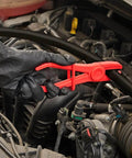 Mechanic using 6 Pack Hose Clamp Pliers Set, 3 Size Plastic Line Pinch Clamps for automotive radiator work.
