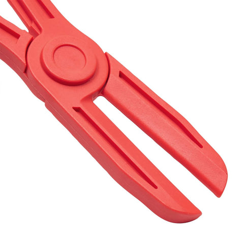 Close-up of red nylon pliers from Three Pack Hose Pinch Off Pliers In Red Nylon For Automotive Fuel Line Clamps And Brake Radiator And Coolant Hoses Heat Resistant And Nonconductive Clamp Tool Set For Safe Fluid Line Maintenance