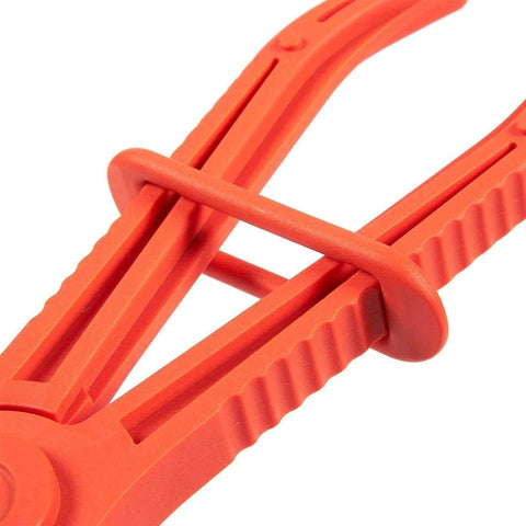 Close-up of red nylon hose pinch-off pliers from Three Pack Hose Pinch Off Pliers In Red Nylon For Automotive Fuel Line Clamps And Brake Radiator And Coolant Hoses Heat Resistant And Nonconductive Clamp Tool Set For Safe Fluid Line Maintenance