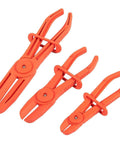 Three Pack Hose Pinch Off Pliers In Red Nylon For Automotive Fuel Line Clamps And Brake Radiator And Coolant Hoses Heat Resistant And Nonconductive Clamp Tool Set For Safe Fluid Line Maintenance shown in three sizes