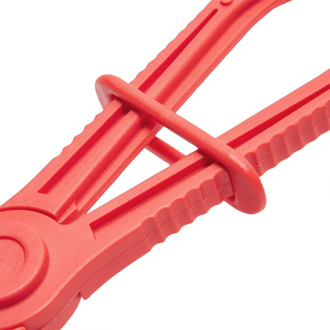Close-up of red nylon Three Pack Hose Pinch Off Pliers for automotive fuel line clamps and brake radiator and coolant hoses.