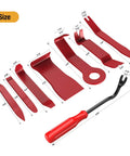 8 Piece Auto Trim Removal Tool Kit For Car Interior Dash Panels Window Molding And Fasteners Nylon Durable Impact Resistant Includes 7 Panel Tools And 1 Fastener Remover Red shown with dimensions