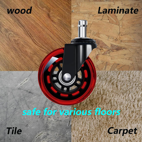 Three Inch Red Transparent Office Chair Wheels Set Of Five Swivel Casters For Carpet And Hard Floors Smooth And Quiet