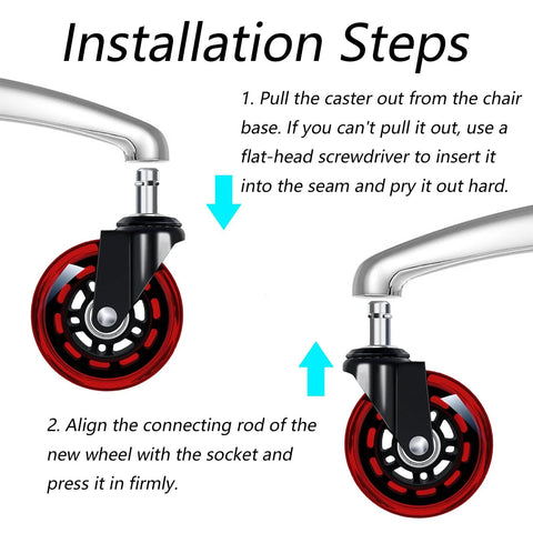 Installation of Three Inch Red Transparent Office Chair Wheels Set Of Five Swivel Casters For Carpet And Hard Floors with instructions