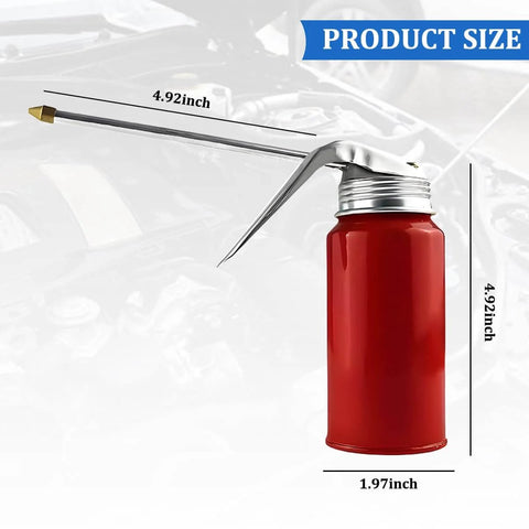 Car Oil Can Pump Oiler 200 Ml High Pressure Cold Rolled Steel Spray Gun With Spout in red, showing dimensions