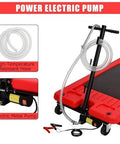 18 Gallon Low Profile Oil Drain Pan With Electric Pump Kit showing red pan, electric pump, 8-foot hose, and quick drain valve