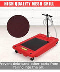 18 Gallon Low Profile Oil Drain Pan with Electric Pump Kit showing mesh grill design and 8 foot hose for trucks, cars, and garages.