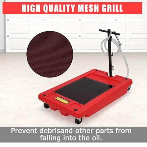 18 Gallon Low Profile Oil Drain Pan with Electric Pump Kit showing mesh grill design and 8 foot hose for trucks, cars, and garages.
