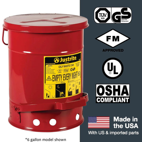 6 Gallon Galvanized Steel Oily Waste Can With Foot Pedal Self Closing Lid For Oil Rag Disposal OSHA Compliant Made In USA Red