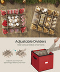 Cherry Red Christmas Ornament Storage Box With 64 Slots For 3 Inch Ornaments, showing adjustable dividers for organizing.