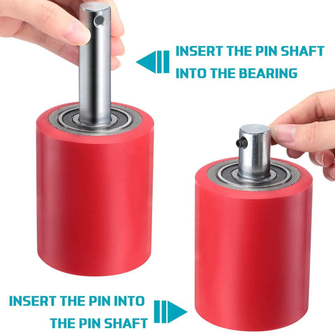 12 pcs pallet jack load wheels full set in red with bearings, axles, and pins assembly guide image
