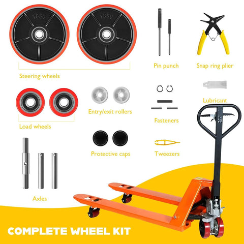All In One Pallet Jack Wheels Kit For Most Hand Pallet Jacks, Includes 7x2 Steering Wheels, 3x3.75 Load Wheels, Red Polyurethane Set