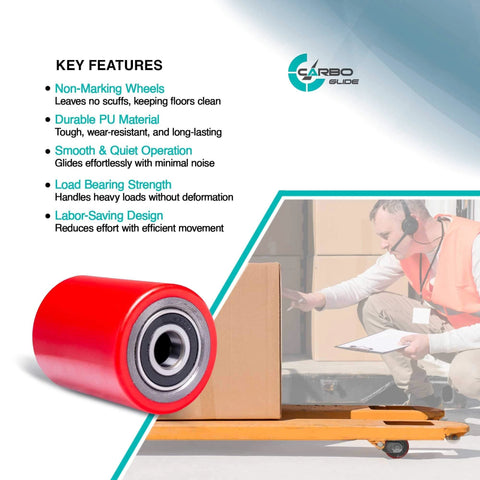 Pallet jack load wheels full set 3 x 3.75 inch with axles and entry exit roller, red polyurethane tread on steel, displayed with box