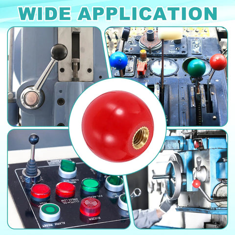 Four Piece Threaded Ball Knobs M5 x 20mm Phenolic Plastic Ball Handles For Machine Levers DIY Projects Red includes close-up and in-use images