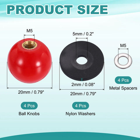 Four Piece Threaded Ball Knobs M5 x 20mm Phenolic Plastic Ball Handles For Machine Levers DIY Projects Red