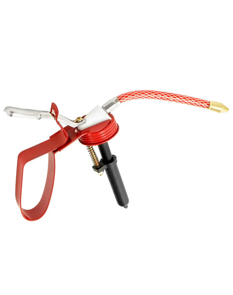 Red Powder Coated Steel Pistol Style Oil Can 12 Ounce 400 Ml With Flexible Tube Manual Pump Oiler nozzle close-up