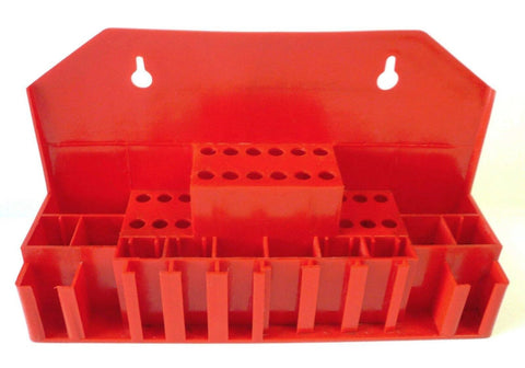58 Piece T Slot Clamping Kit red organizer for milling machines and drill presses, multiple slots and holes for parts storage