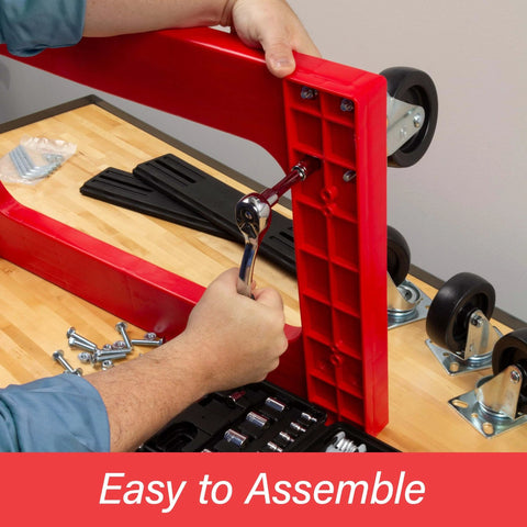 Assembling the red ✝️ Plastic 4-Wheel Furniture Dolly with Steel-Reinforced Frame and 4-Inch 4-Way Swivel Casters, 1200 Lbs Capacity.
